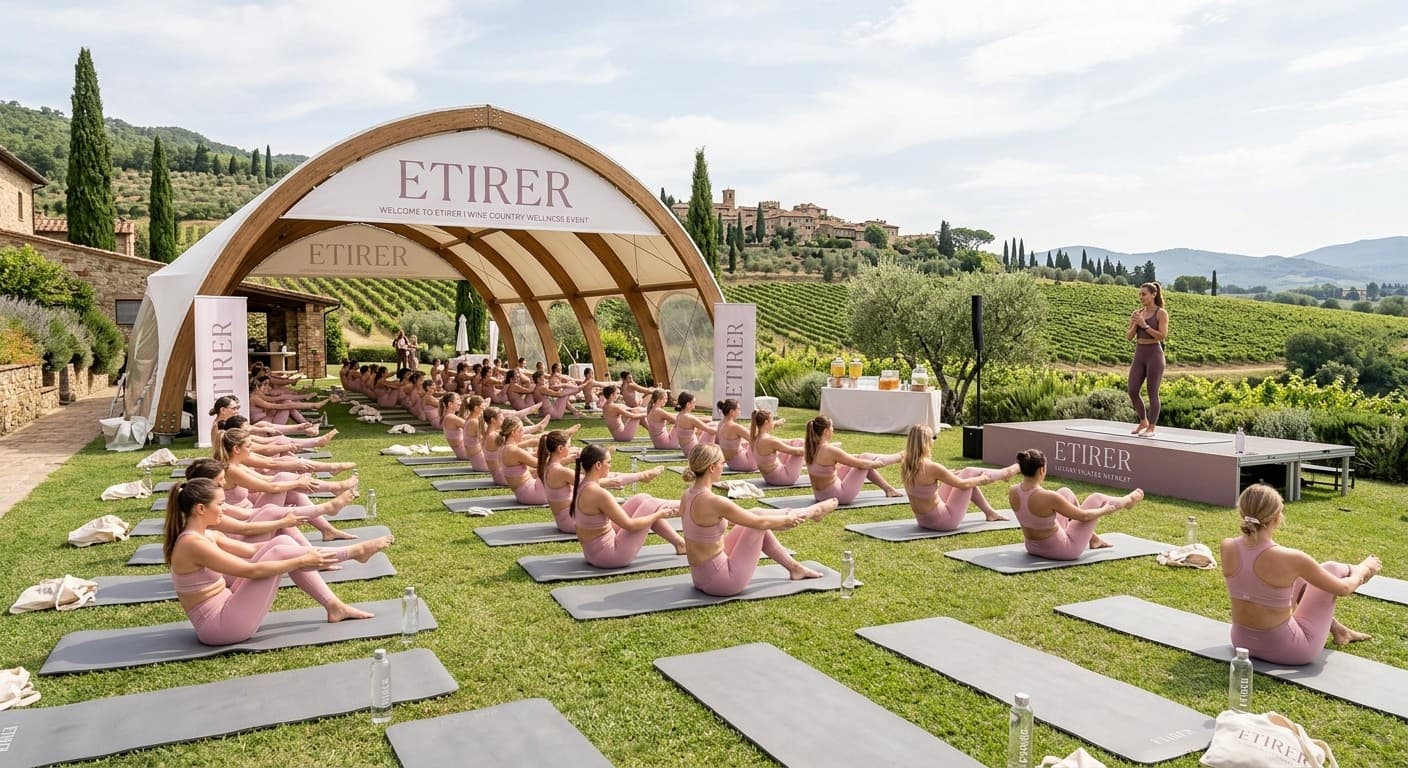 An Etirer mat Pilates class under a branded tent at a Tuscan vineyard.