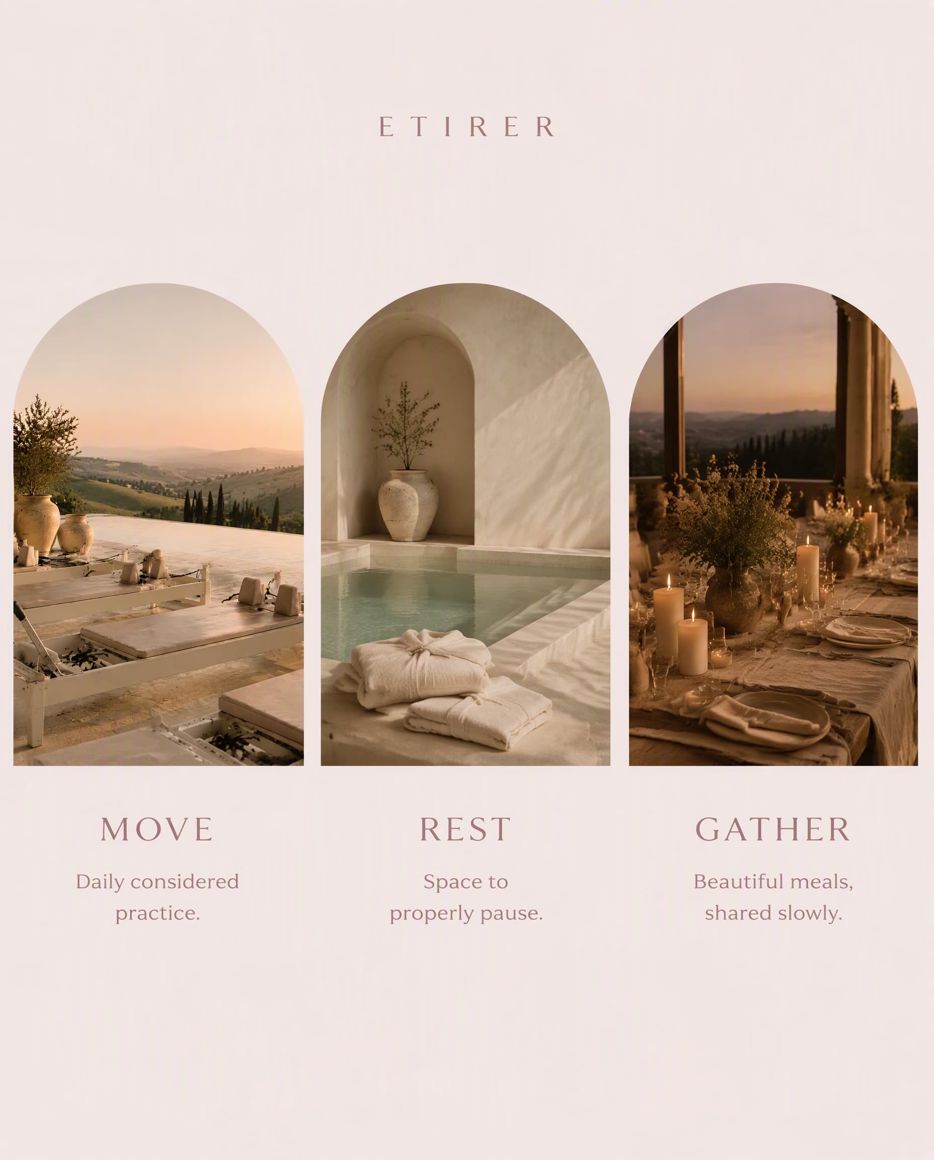 Etirer+ — Move, Rest, Gather: a terrace, a plunge pool and a candlelit table.